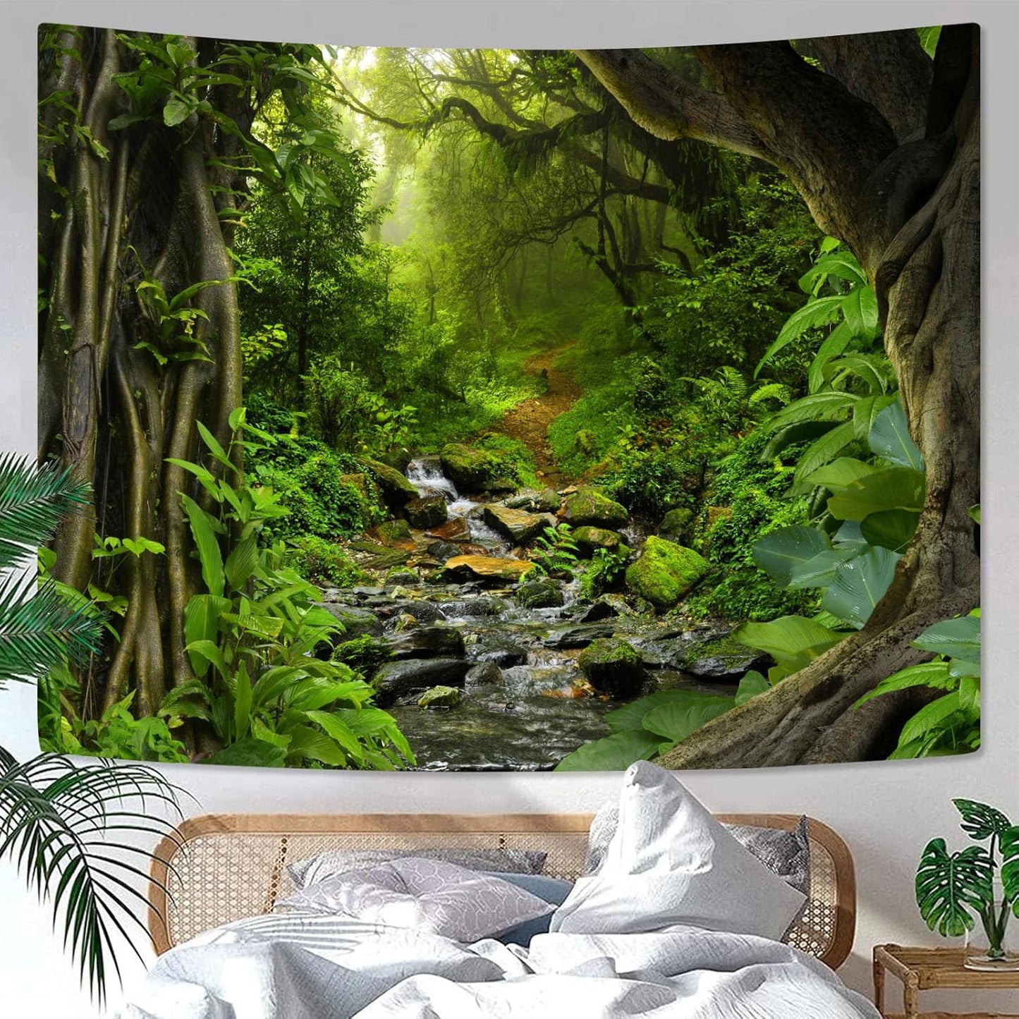 AMM Green Rainforest Tapestry Nature Forest Tapestry for Bedroom Aesthetic Misty Tropical Jungle Trees Flowing Stream Landscape Tapestries Wall Hanging for Living Room Dorm 90 x 68 Inch