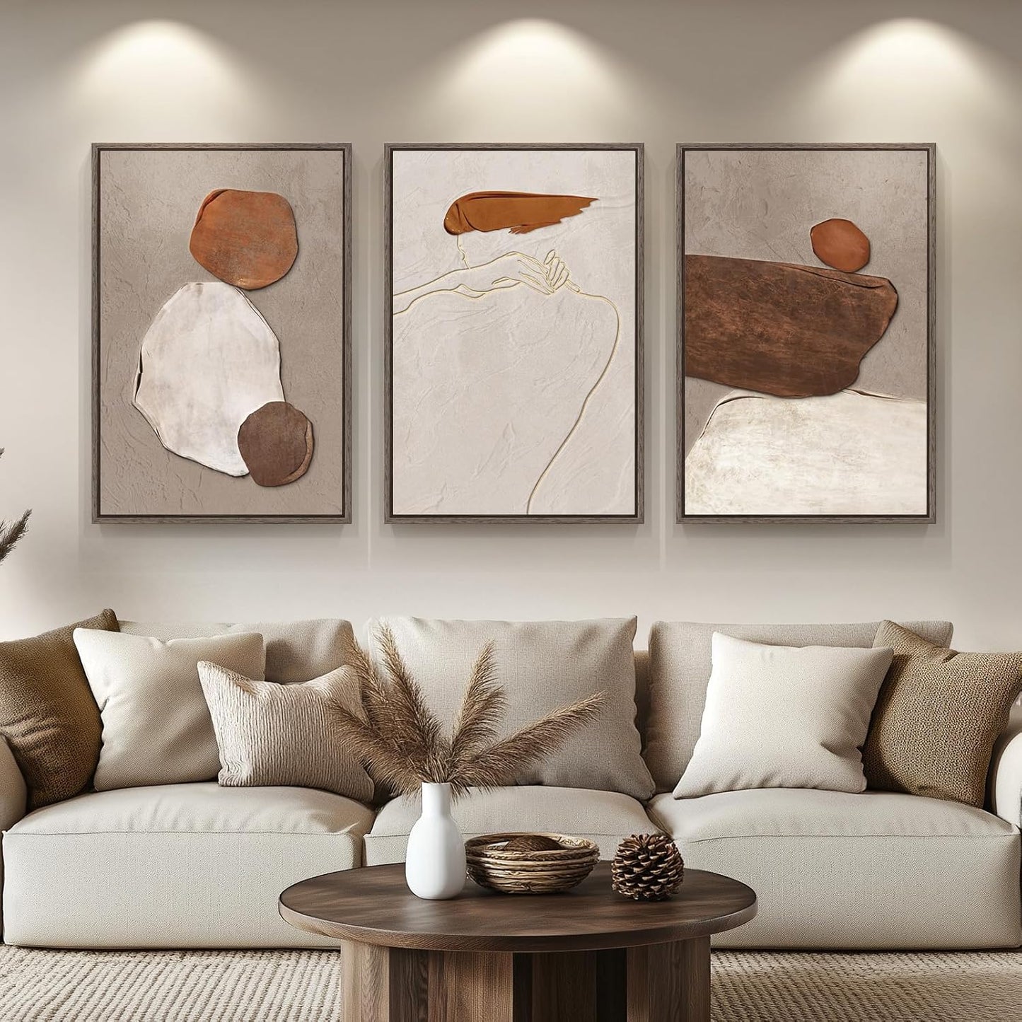 Large Framed Neutral Abstract Wall Art for Living Room, 3 Piece Modern Canvas Prints Paintings Artwork for Walls, Black Beige Brown Neutral Tone Pictures for Hallway Bedroom Office Wall Decor 24x36 In