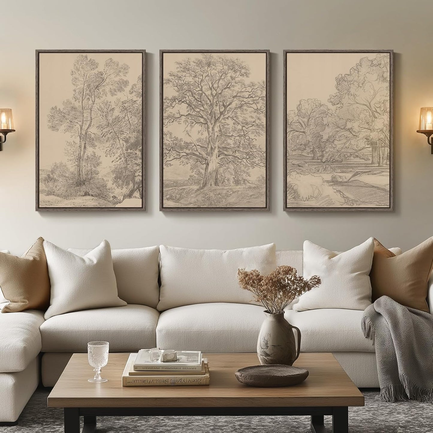 Framed Netural Wall Art for Living Room, Large 3 Piece Abstract Pastel Grunge Forest Landscape Tree Canvas Artwork Set, Modern Art Decorative Nordic Painting Picture Prints for Hallway Office 24x36 In