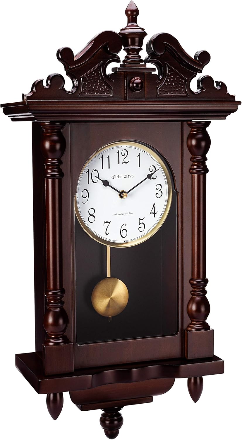Wall Clock with Real Wood, 4 Chime Options, Swinging Pendulum, Antique Vintage Design, 22" Large