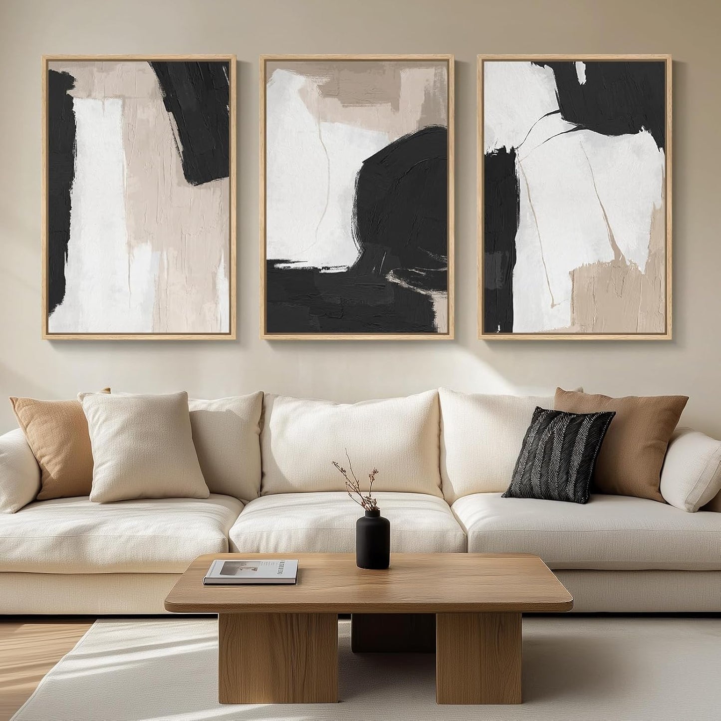 Framed Neutral Abstract Wall Art, Set of 3 Modern Canvas Prints Paintings Artwork for Walls, Minimalist Black and Beige Pictures for Living Room Hallway Stair Bedroom Office Wall Decor 16x24 Inch