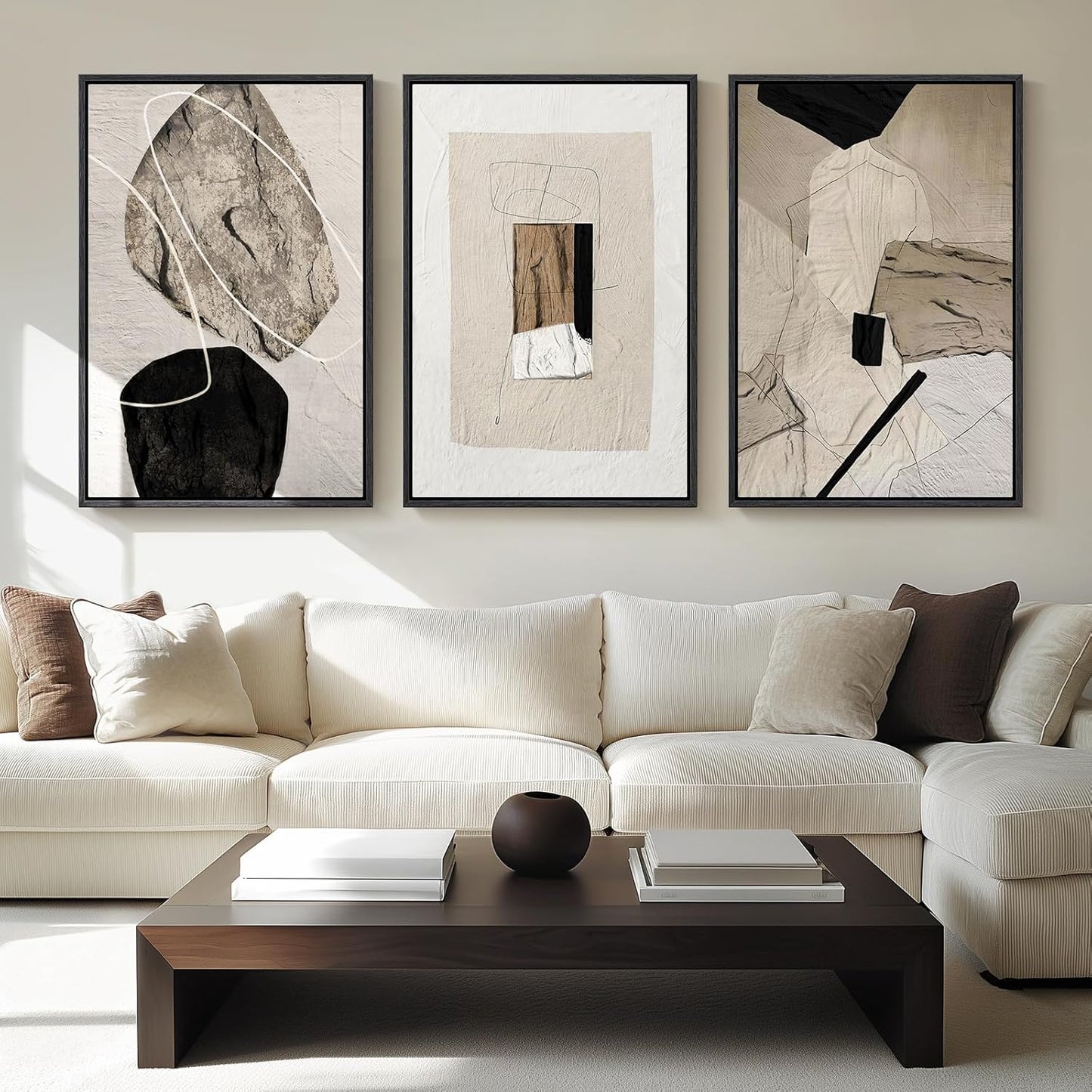 Framed Neutral Abstract Wall Art, Set of 3 Modern Canvas Prints Paintings Artwork for Walls, Minimalist Black and Beige Pictures for Living Room Hallway Stair Bedroom Office Wall Decor 16x24 Inch