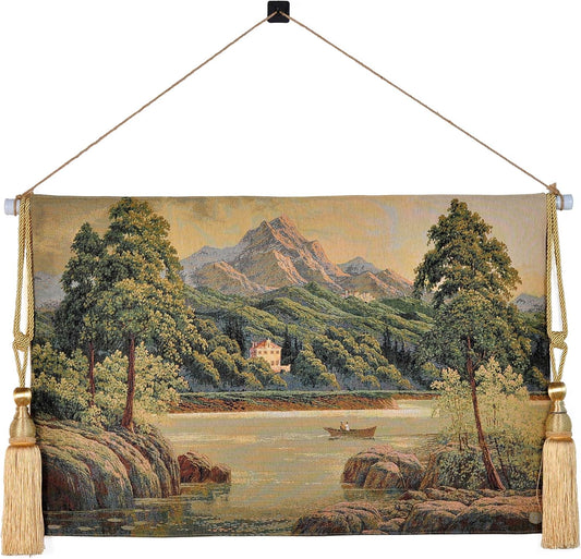 Vintage Nature Tapestry Wall Hanging Set with Telescopic Rod & Tassels - Jacquard Woven Fabric Aesthetic Lake & Mountain Landscape Wall Tapestry for Bedroom/Living Room Decor Green Art (42"x27")