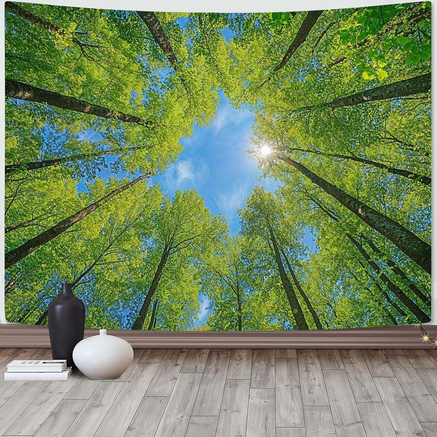 AMM Nature Forest Mountain Tapestry Green Pine Tree Tapestry for Bedroom Aesthetic White Clouds Flowing River Landscape Classroom Tapestries Wall Hanging for Living Room Dorm Office