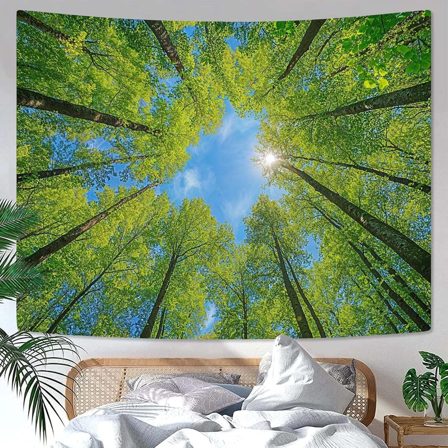 AMM Nature Forest Mountain Tapestry Green Pine Tree Tapestry for Bedroom Aesthetic White Clouds Flowing River Landscape Classroom Tapestries Wall Hanging for Living Room Dorm Office